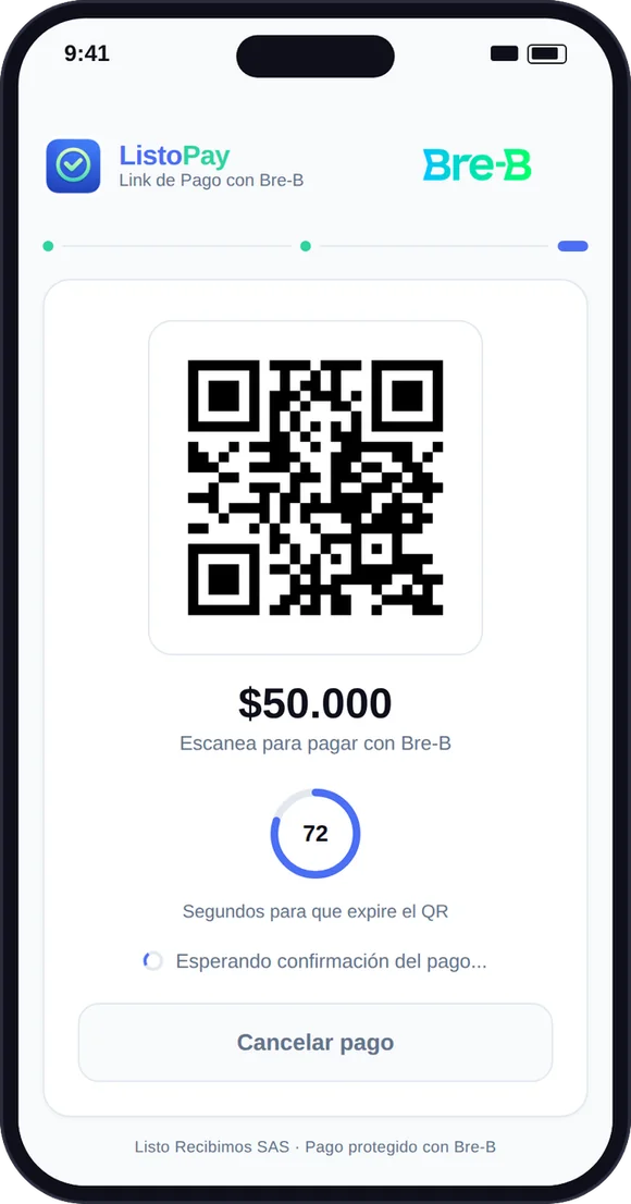 Link de Pago de Listo Pay en un celular: QR de Bre-B listo para escanear